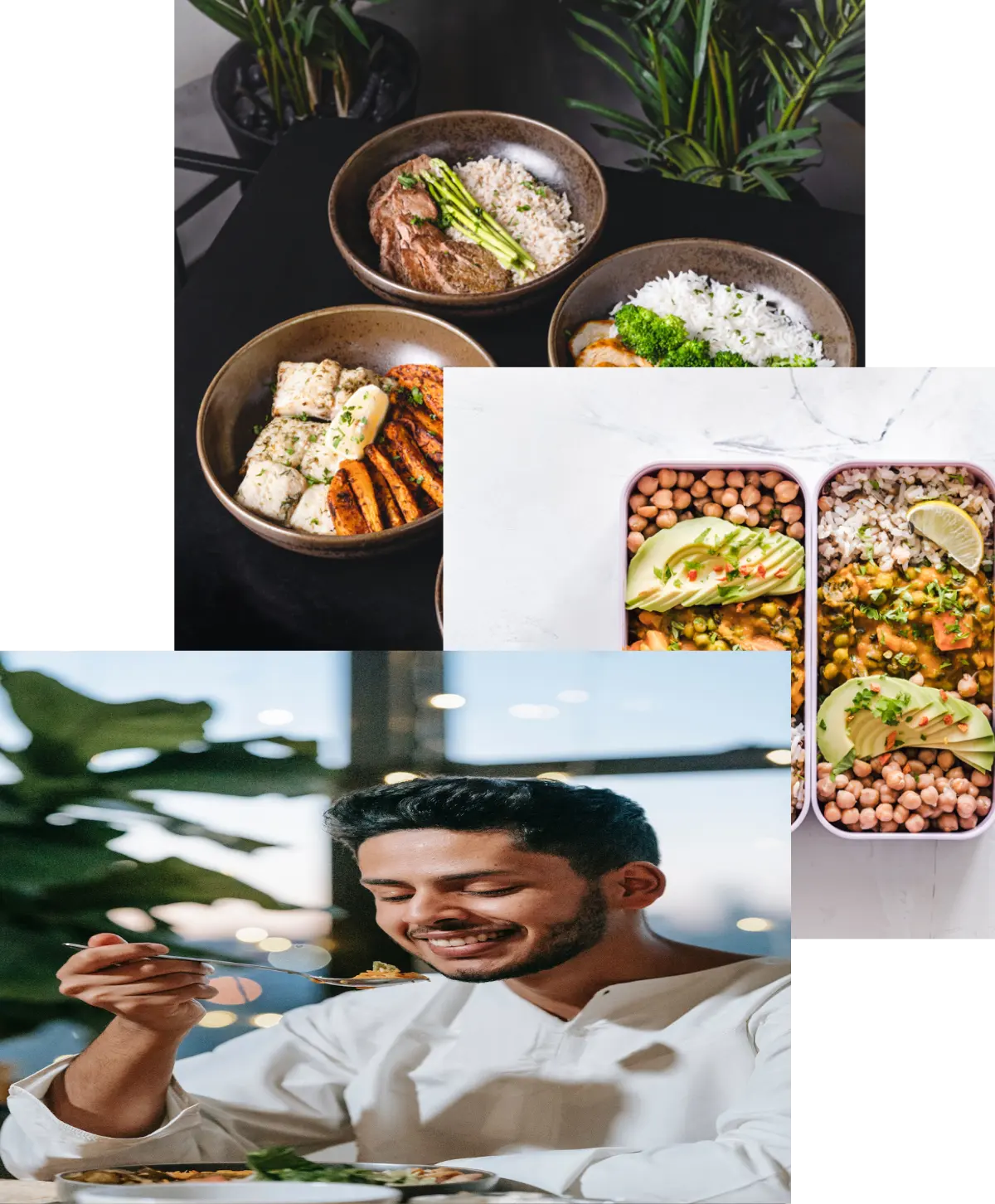 man  enjoying food, meals in storage container, and food bowls on a table